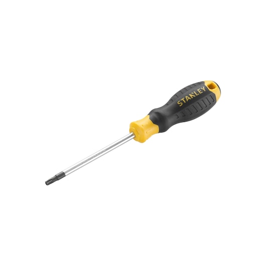 Photo of STANLEY STHT16181-0 screwdriver with black and yellow ergonomic handle, side angle, white background.