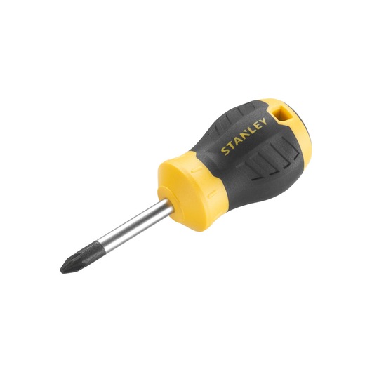 STANLEY STHT16196-0 stubby Phillips screwdriver with yellow and black handle, angled on white background.
