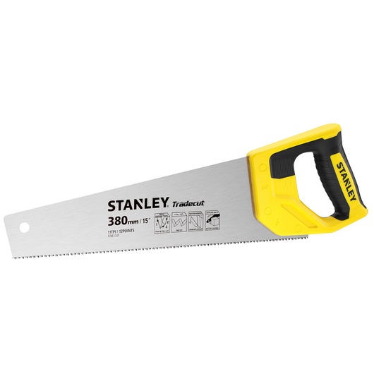 Photo of STANLEY STHT20349-1 hand saw with yellow and black handle, 380mm blade, product angled on white background.
