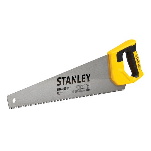 Stanley hand saw with yellow and black handle, side angle on white background, Tradecut 20 inch blade