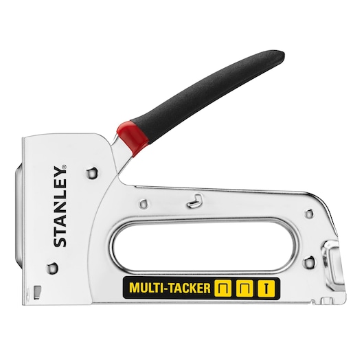 Stanley STHT6-70410 silver multi-tacker stapler with black and red handle, side angle photo.