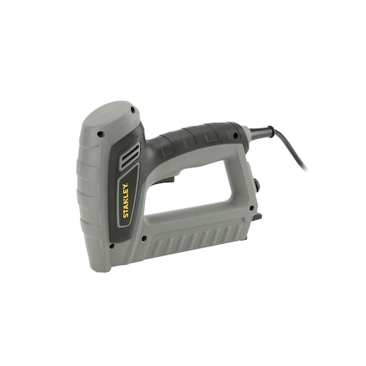 Stanley grey electric stapler with ergonomic grip and cord, shown on white background.