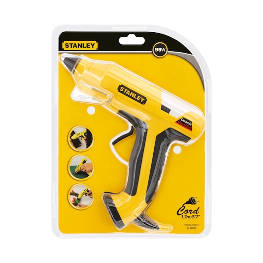 STANLEY STHT6-70417 yellow and black hot glue gun in retail packaging, shown from front on white background.