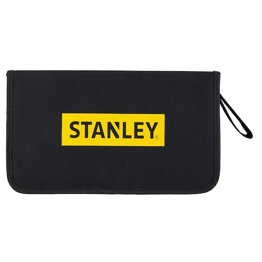Photo of STANLEY STHT60035-9 black soft tool pouch with yellow STANLEY logo, front view on white background.