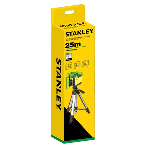 STANLEY STHT77641-1 360° cross line green laser level with tripod and pouch, yellow box, front angle.