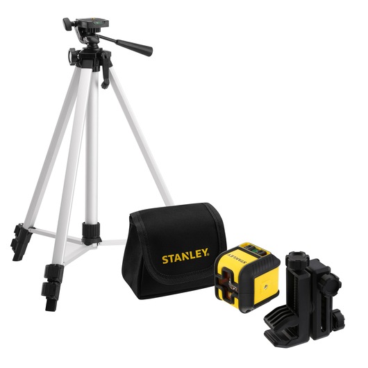 STANLEY STHT77649-1 photography kit with tripod, yellow laser level, black case, and mounting brackets, front angle.