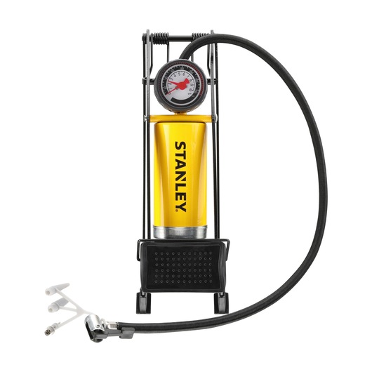STANLEY STHT80894-1 yellow foot pump with pressure gauge and hose, front angle on white background.