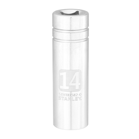 STANLEY STHT81582-0 chrome socket 14mm, photography, front angle on white background.