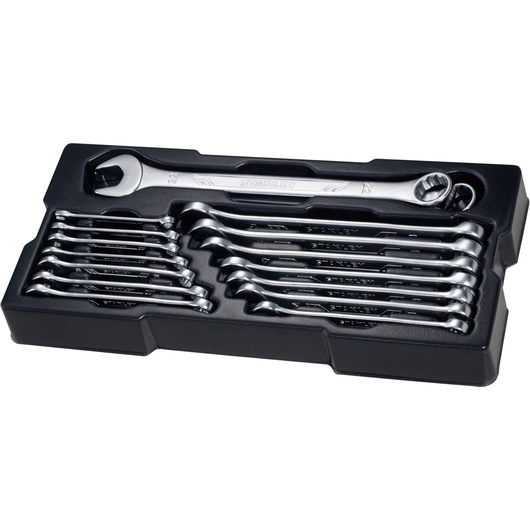 STANLEY STMT1-74178 wrench set in black tray, top angle photo of chrome combination wrenches.