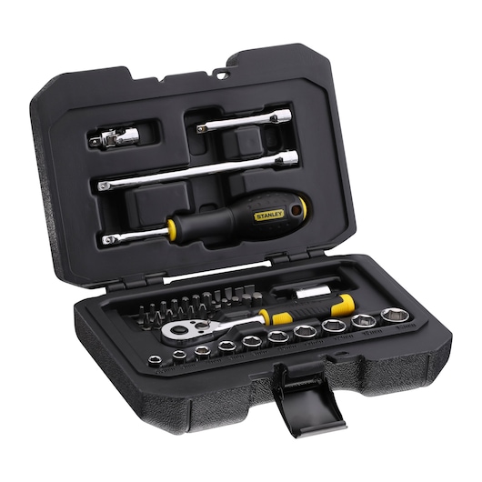 STANLEY STMT82828-1 socket and ratchet set in black hard case, shown from angled side view.