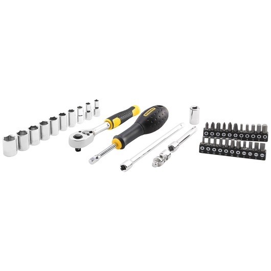STANLEY STMT82828 socket and bit set with ratchet, screwdriver, and accessories, front view on white background.