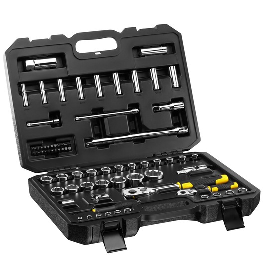 STANLEY STMT82831-1 socket and ratchet set in black case, photo shows open kit from angled top view.