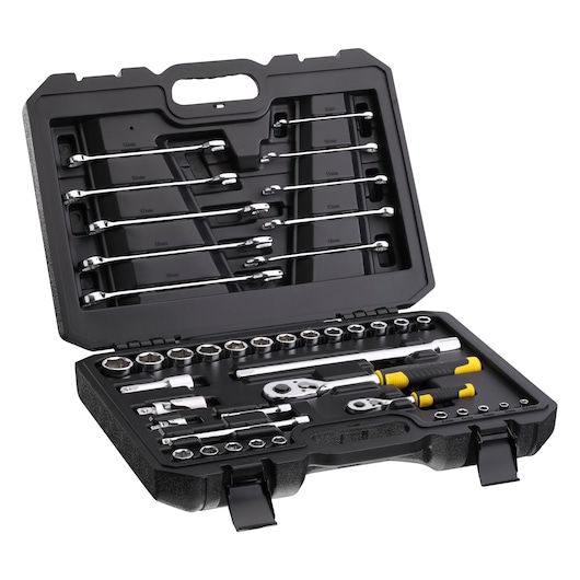 STANLEY STMT82832-1 socket and wrench set in black hard plastic case, photo angled from above on white background.