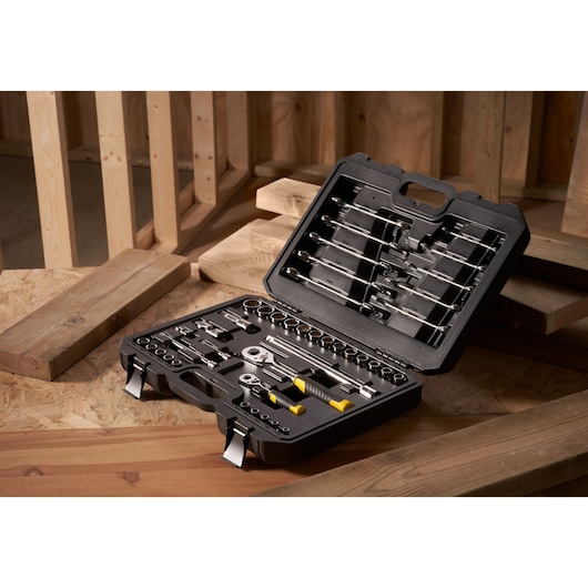STANLEY STMT82832-1 ratchet socket and wrench set, 41 pieces, open black case on wood surface.
