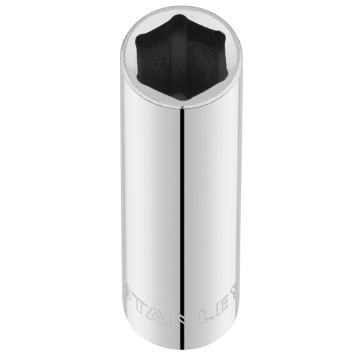 STANLEY STMT86097-0 chrome six-point deep socket top view, photography on white background.