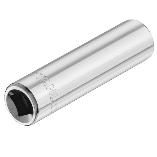 STANLEY STMT86097-0 chrome deep socket, photography from angled view, white background.