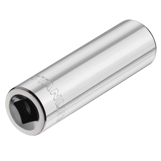 STANLEY STMT86098-0 chrome socket, cylindrical, front angled view, tool accessory on white background.