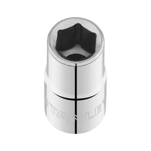 STANLEY STMT86104-0 chrome socket tool, top-front angle, six-point shape, photography on white background.