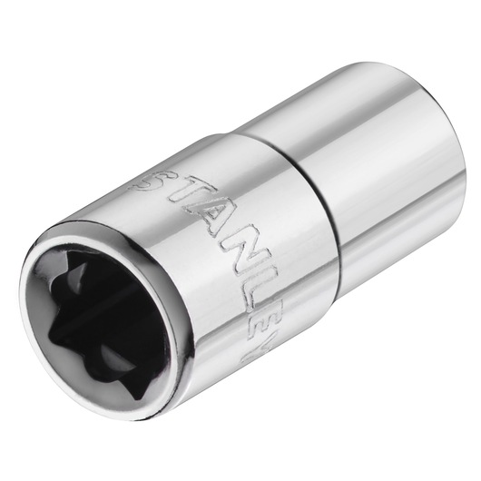 Photo of STANLEY STMT86104-0 chrome socket, tool accessory, angled on white background.