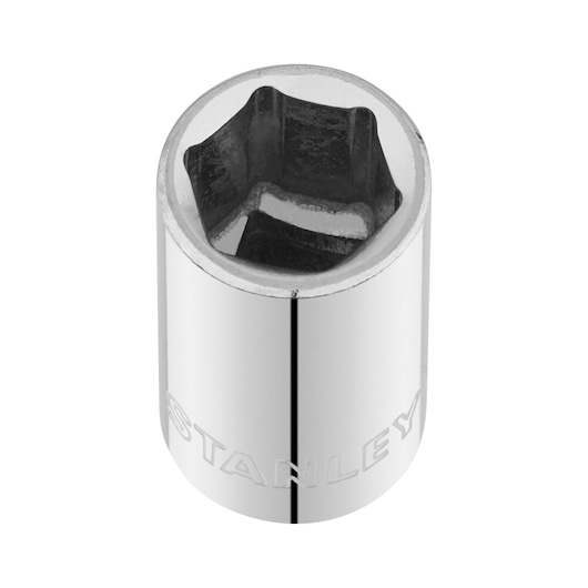 STANLEY STMT86107-0 chrome socket, six-point design, tool accessory, top angle on white background.