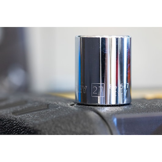 STANLEY STMT86109-0 chrome socket, 27mm size, front angle, placed on black textured surface.