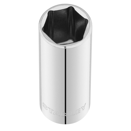 STANLEY STMT86116-0 chrome socket tool, top view, with six-point design on white background.