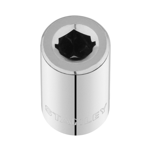 STANLEY STMT86124-0 chrome socket, top angle, with engraved brand name, on white background.