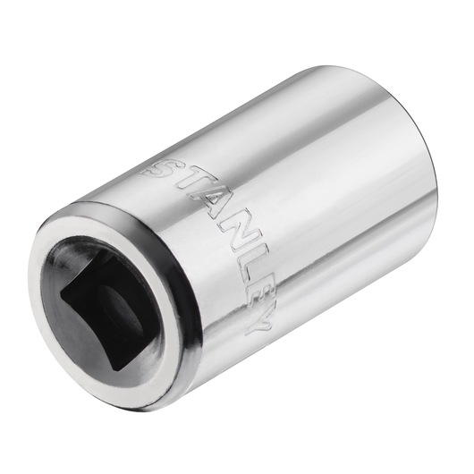 Photo of STANLEY STMT86124-0 chrome socket, tool accessory, angled on white background.