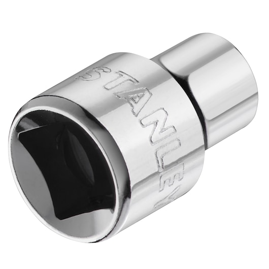Photo of STANLEY STMT86303-0 chrome socket, tool accessory, angled on white background.