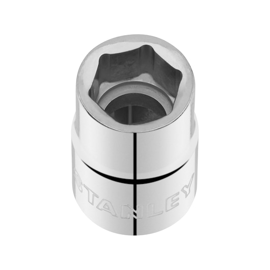 Photo of STANLEY STMT86306-0 chrome socket, six-point design, tool accessory, top angle on white background.