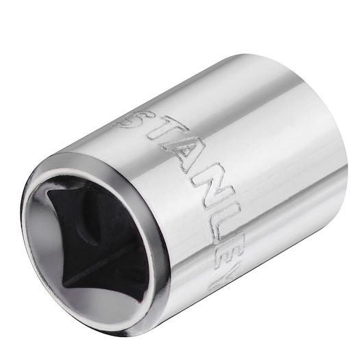 STANLEY STMT86308-0 chrome socket, close-up angle, tool accessory photography.