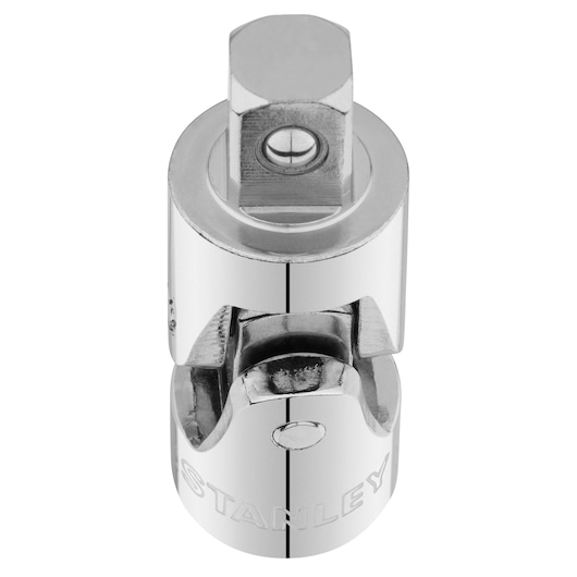 Photo of STANLEY STMT86411-0 chrome universal joint socket adapter, front view on white background.