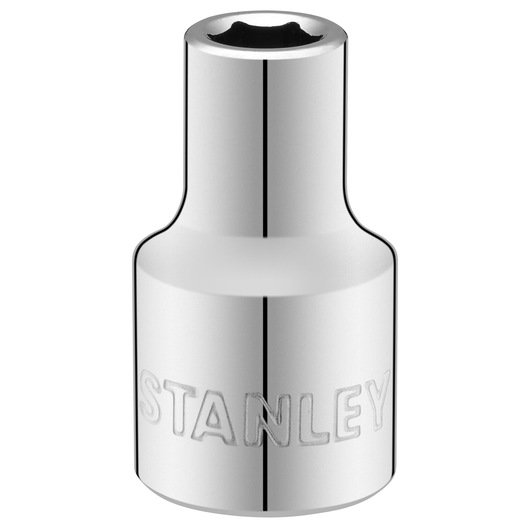 STANLEY STMT86508-0 chrome socket, front view on white background, compact cylindrical hand tool accessory.