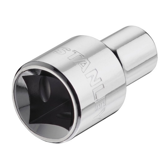 Photo of STANLEY STMT86508-0 shiny chrome socket adapter, angled view on white background.