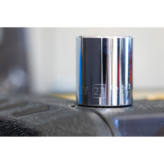 STANLEY STMT86519-0 chrome socket, 27mm size, close-up angle, tool category.