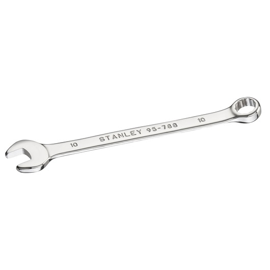 Photo of STANLEY STMT95788-0 combination wrench, chrome finish, size 10mm, product photography, angled view.