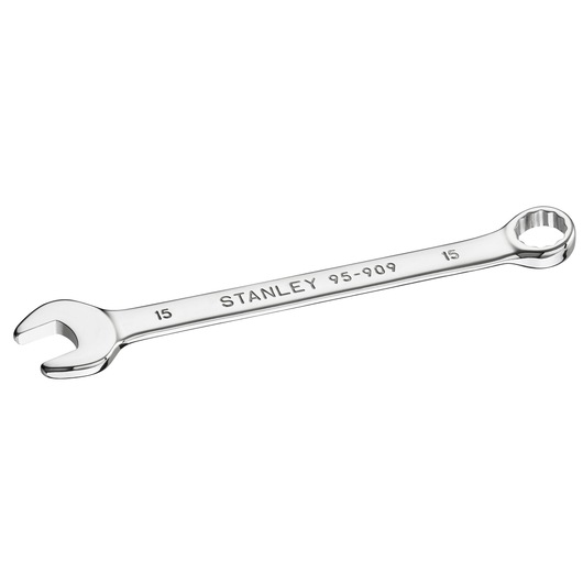 Stanley STMT95909-0 chrome combination wrench, 15mm, white background, angled view