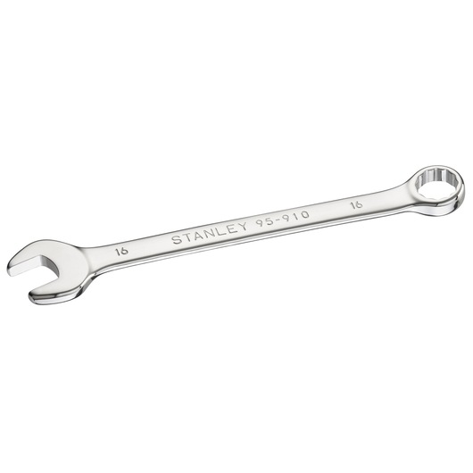 Photo of STANLEY STMT95910-0 combination wrench, chrome finish, angled view on white background.