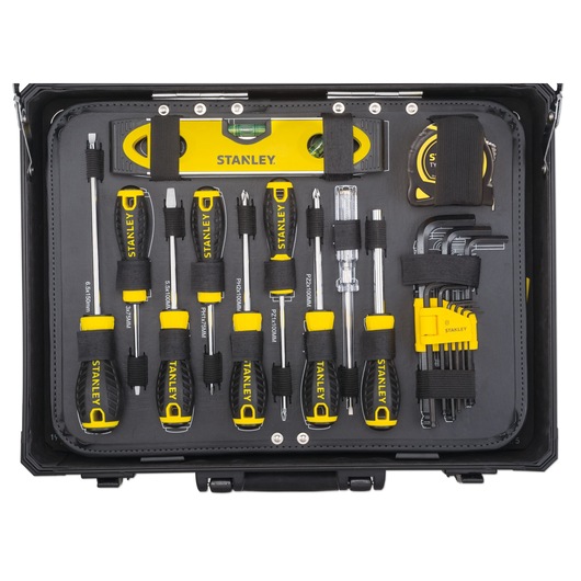 STANLEY STMT98109-1 tool set with screwdrivers, level, measuring tape, and hex keys in a black case, top view.