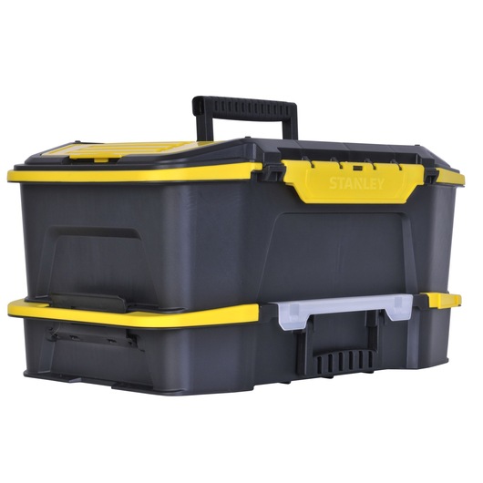 Stanley black and yellow toolbox with handle and storage compartments on top and bottom.