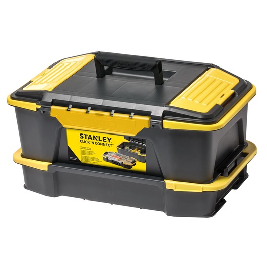 STANLEY STST1-71962 black and yellow plastic toolbox, front angle, with Click 'N Connect label.