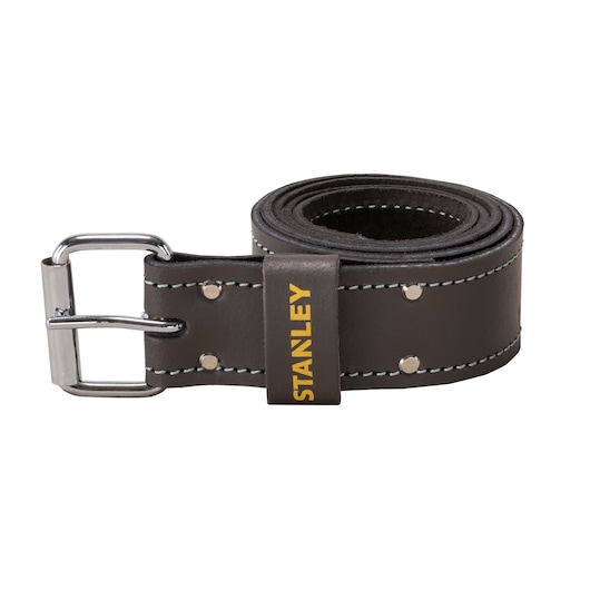 Rolled brown leather belt with metal buckle and STANLEY logo, featuring visible stitching and rivets.
