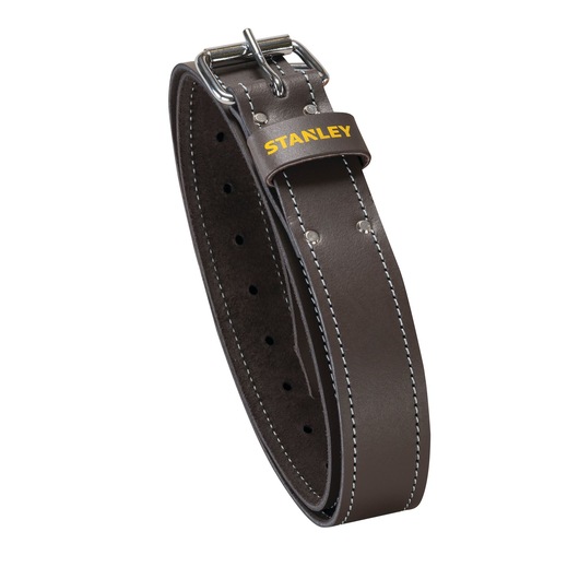 STANLEY STST1-80119 brown leather belt with silver buckle, product photo on white background.