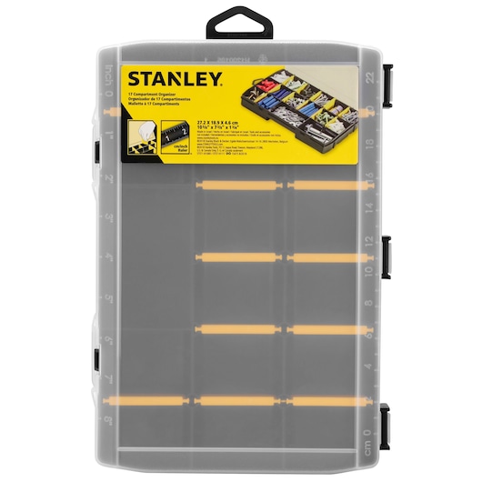 STANLEY STST81680-1 17-compartment organizer box, transparent lid, black and yellow, top angle photo.