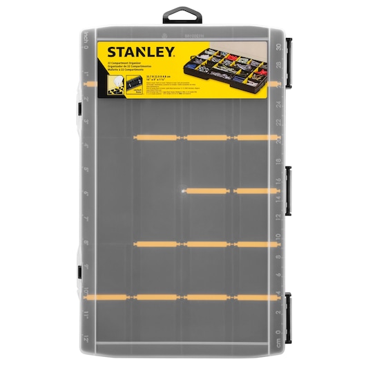 STANLEY STST81681-1 22-compartment plastic organizer box, clear lid, top view, tool storage category.