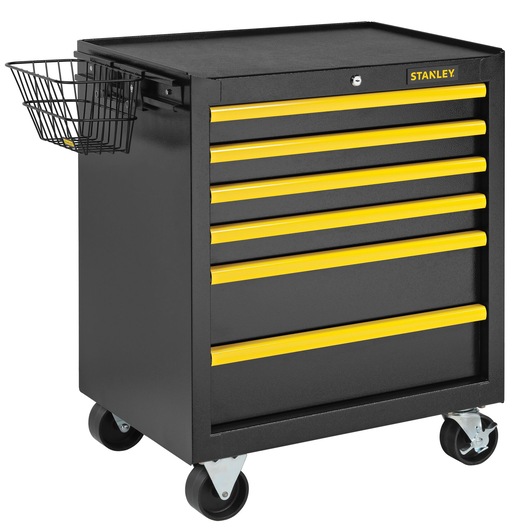 STANLEY STST98182-1 black tool cabinet with yellow drawers and side basket, front angle, white background.