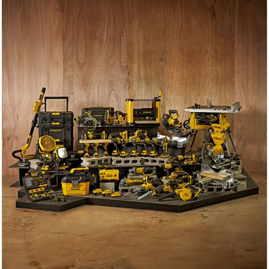 STANLEY SB202 photography of assorted yellow and black power tools, toolboxes, and workshop equipment on display.