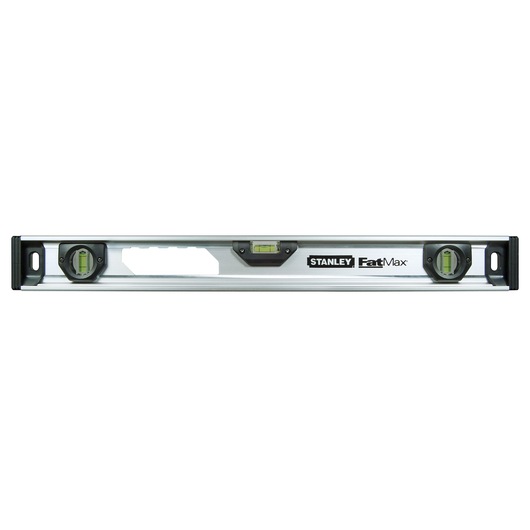 Photo of STANLEY XTHT1-42132 FatMax spirit level, silver body, front view, three bubble vials.