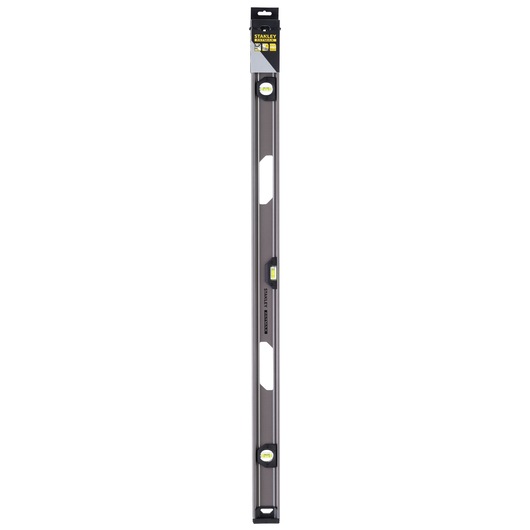 STANLEY XTHT1-42134 aluminum spirit level, photography, front angle, three vials and hand grips.