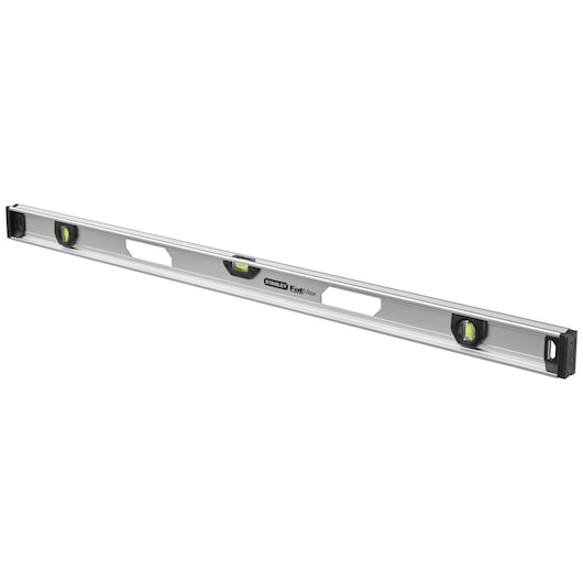 STANLEY XTHT1-42135 spirit level, silver aluminum body, three vials, photography, angled on white background.